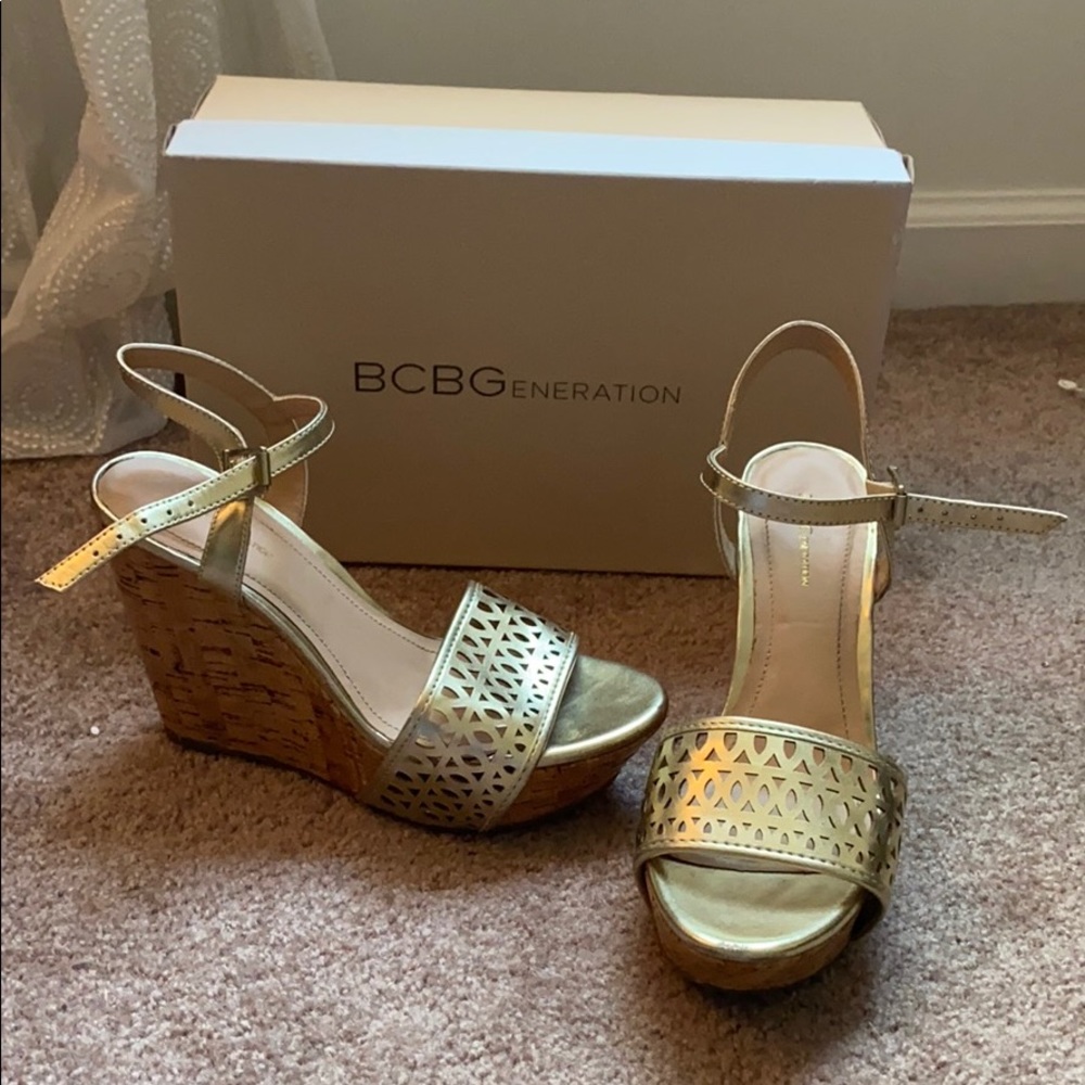 BCBGeneration Pippi Gold Strap Platform Cork Wedge